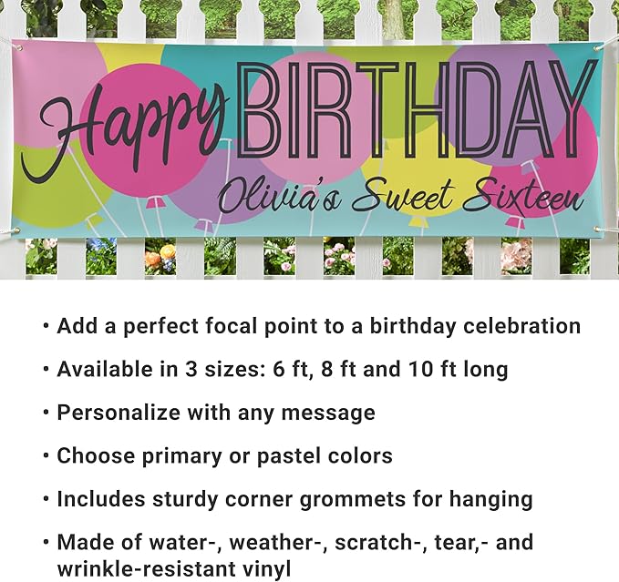 Let's Make Memories Personalized Happy Birthday Banner for Kids - Custom Birthday Party Decorations - Indoor/Outdoor Vinyl - Any Text - Balloons - Primary Colors - 10ft
