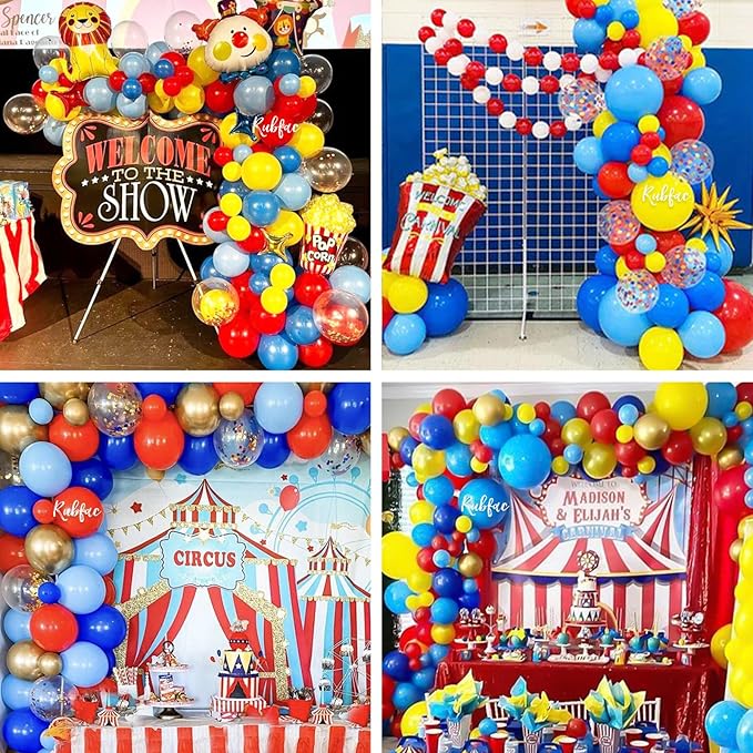 RUBFAC Carnival Circus Balloon Kit, Red Yellow and Blue Primary Balloons 12in with Rainbow Confetti Balloons for Birthday Party Carnival Theme Back to School Party Decorations, 65pcs