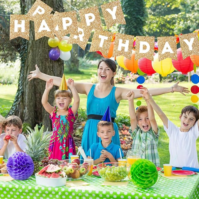 Hooqict Gold Happy Birthday Banner Sign for Backdrop Gold Happy Birthday Decorations for Women Men Kids 1st 2nd 3rd Party Supplies Wall Door Banner Garland Bunting Flag