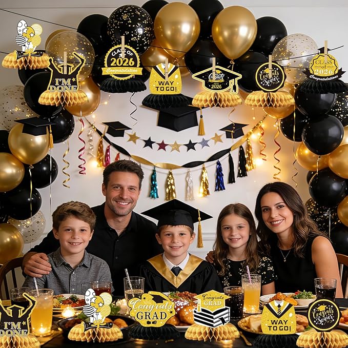 Graduation Decorations 2026 Black Gold Centerpieces 9 Pcs, Class of 2026 Graduation Table Decorations, Grad Party Decor for High School College, Graduation Party Supplies
