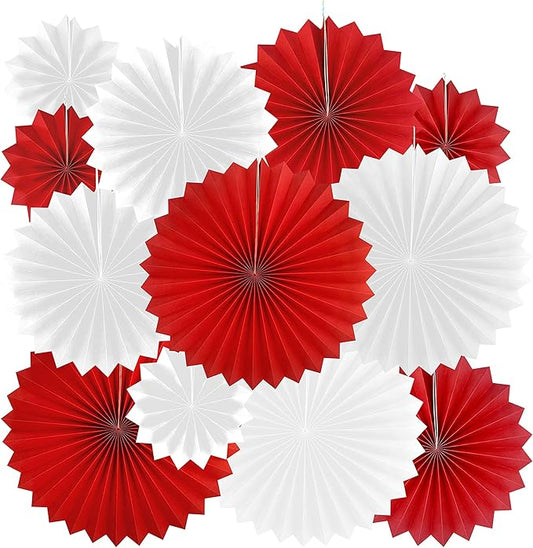 Red White Party Hanging Paper Fans Decorations - Wedding Anniversary Carnival Under The Top Circus Barbecue Picnic Birthday Graduation Party New Years Party Photo Booth Backdrops Decorations, 12pc