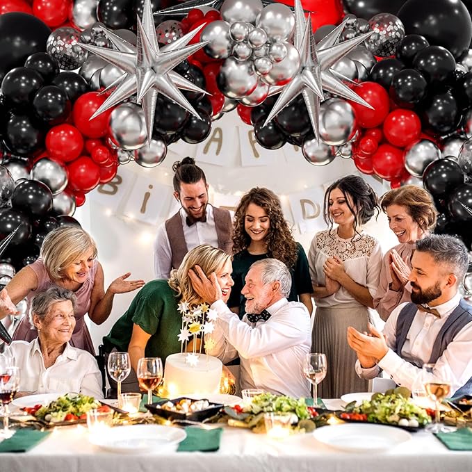Red and Black Balloon Arch Kit with 3pcs Star Balloons, Red Black and Metallic Silver Balloons Garland Kit for Birthday Red Black Graduation 2025 New Year Party Decorations