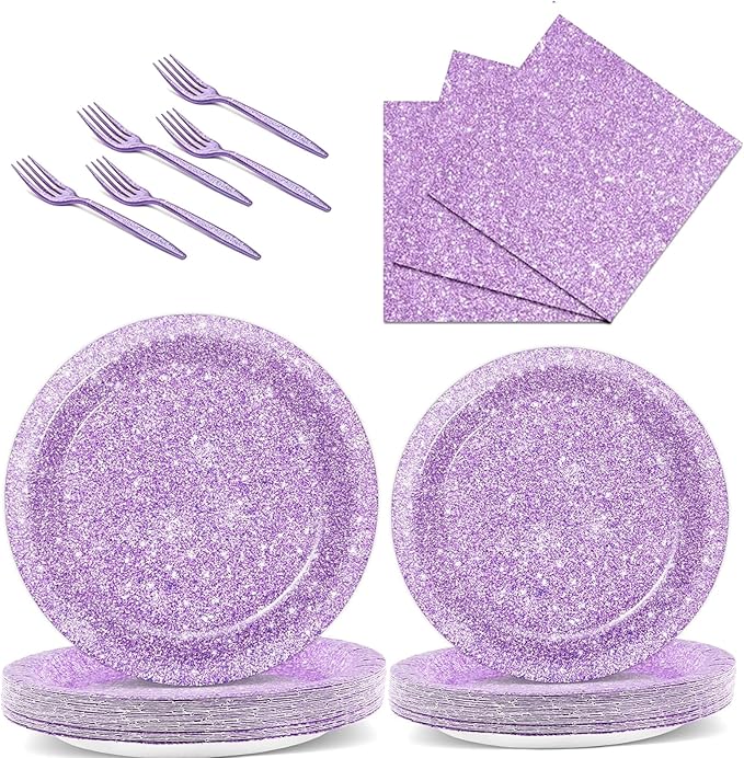 80Pcs Glitter Purple Paper Plates Set, Birthday Party Supplies Disposable Tableware Set Napkins and Forks, Birthday Decor for Girls, Kids Bachelorette & Graduation Parties, 20 Guests