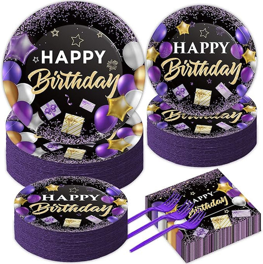 gisgfim 50 Guests Purple Birthday Party Supplies Purple and Black Plates and Napkins Forks Happy Birthday Tableware Paper Plates for Women Girl Party 200PCS