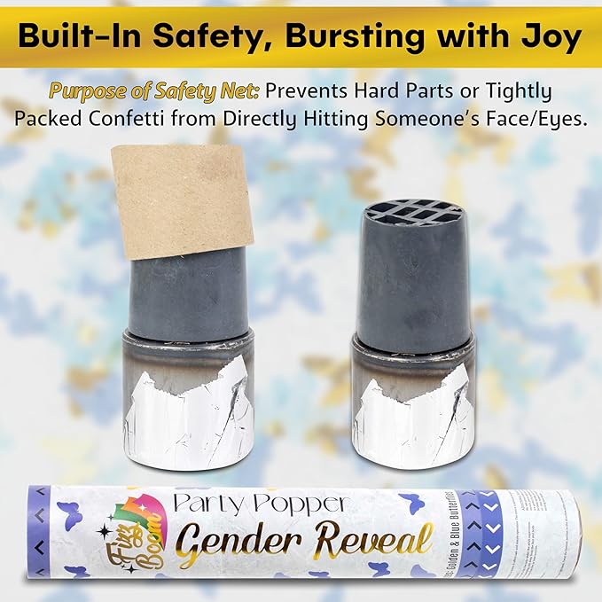 2 Pack Blue Butterfly-Shaped Confetti Poppers for Baby Gender Reveal | Blue Paper and gold mylar Baby Boy Party Supplies