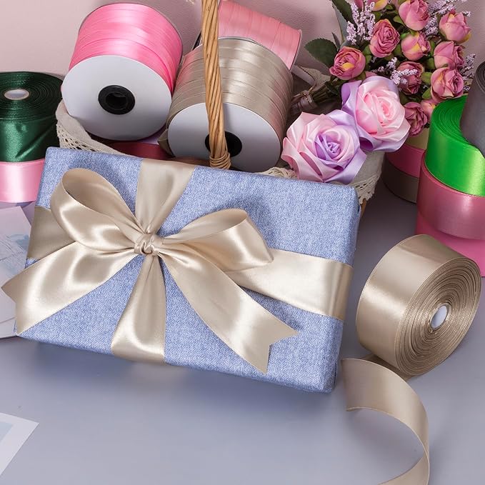 YASEO 1 Inch Linen Beige Solid Satin Ribbon, 50 Yards Craft Fabric Ribbon for Gift Wrapping Floral Bouquets Wedding Party Decoration