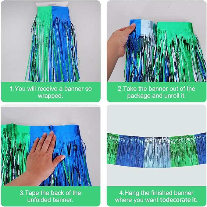 BEISHIDA 3 Packs Metallic Foil Fringe Garland Blue Green Wall Hanging Tinsel Fringe Banners for Car Floats Bridal Shower Wedding Birthday Easter Graduation Holiday Party Decoration(30 Feet)