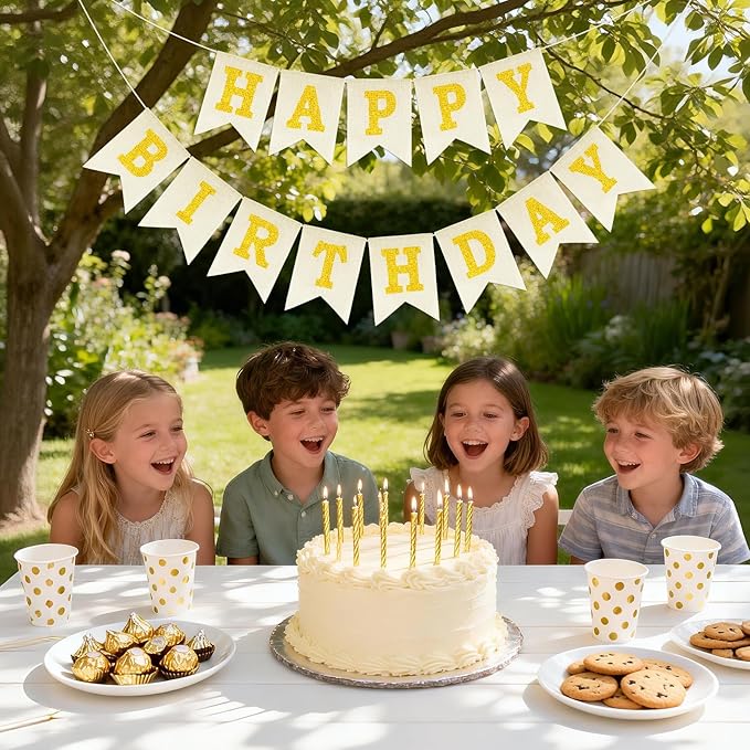 Anwyll Happy Birthday Banner - NO DIY Burlap Happy Birthday Banner Sign Happy Birthdays Party Decoration Happy Birthdays Banners Bunting for Women Men Girl Boy Celebration Party Backdrop(Glitter Gold)