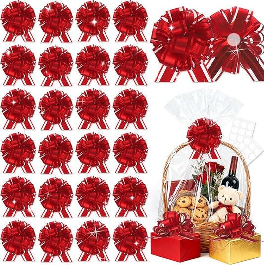 24pcs Red Pull Bow for Gift Basket Wrapping Xmas Gift Bows Presents Adhesive Wrap Ribbon Bow for Christmas Tree Bottles Bouquet Flower Valentine's Day Party Decor (Red-G)