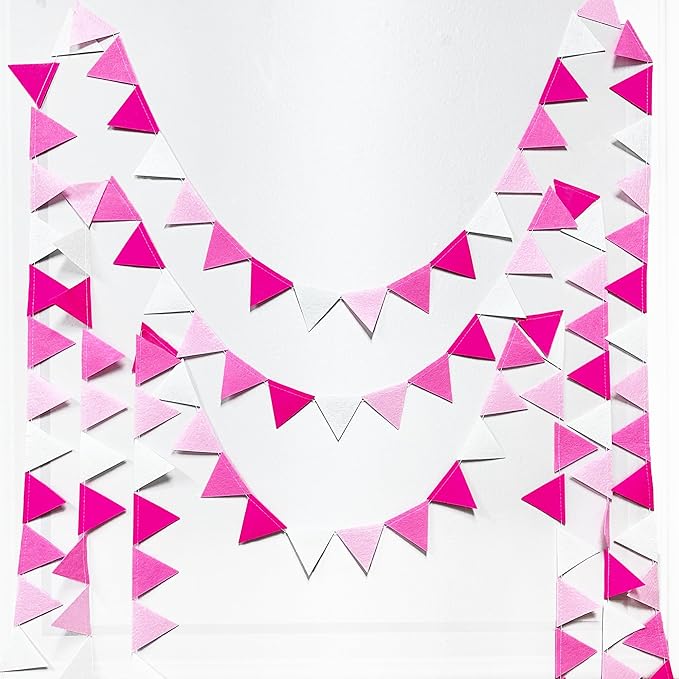 Hot Pink Party Decorations - Ombre Rose Pink Felt Hanging Triangle Mini Bunting Pennant Banner Flag for Birthday, Wedding, Baby Shower, Bridal Shower, Bachelorette, Girl Party, Classroom