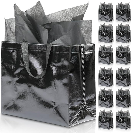 KeerxunBag 12Pcs Reusable Gift Bags（Includes Tissue Paper） Gift bag with handle Birthdays Parties Holidays Weddings Medium 13x5x11in Black Gift Bags