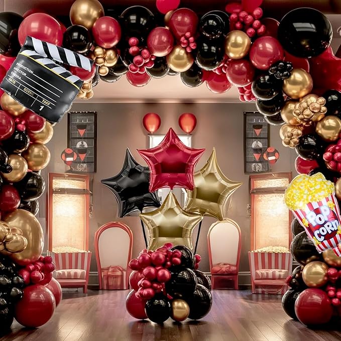 Movie Night Balloon Garland Arch Kit, Red Black Gold Balloons with Camera Star Foil Popcorn Flim Clapperboard Balloons for Birthdays Anniversaries Movie Theater Film Party Decorations