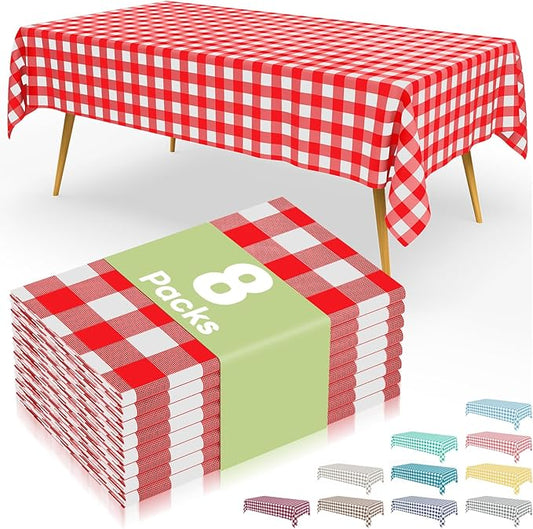 Smiry 8 Packs Gingham Disposable Table Cloth, 54 x 108 Inch Waterproof Plastic Tablecloth, Rectangle Red and White Checkered Table Covers for Picnic, Party, Birthday, Banquet