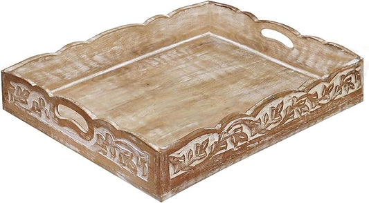 Hand Carved Solid Wood Serving Tray - Decorative Breakfast Tray with Handles - Rustic Food Tray with Intricate Detail - Unique Furnishing Accent - White Wash - 17 x 13 x 2.75 Inches - COTTON CRAFT