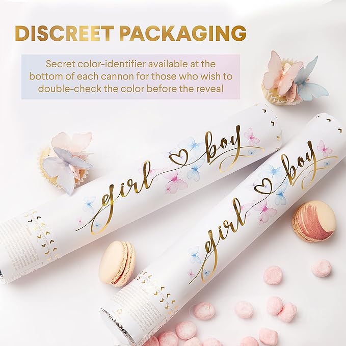 PrimePure Gender Reveal Confetti Cannon - Butterfly Confetti Popper & Biodegradable Powder Cannon - Pink, 4 Pack - Baby Girl Gender Reveal Smoke Bombs Baby Powder Pink Paper Party Poppers