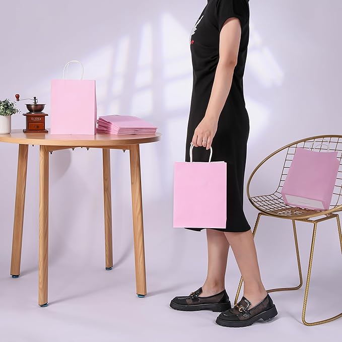 SUNCOLOR 25 Pack Pink Gift Bags with Handles – 8x4.5x10 Medium Bags for Shopping, Retail, DIY, Wedding, Party Favors & Special Occasions