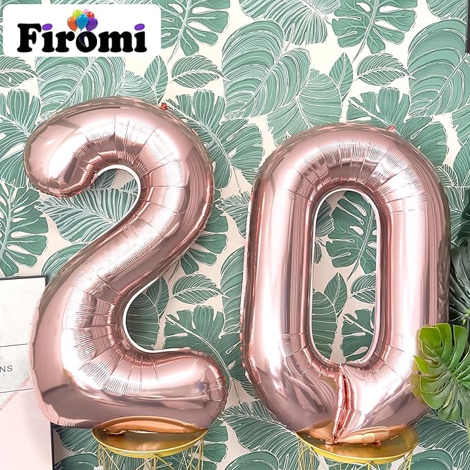 FIROMI 20 Foil Number Balloons Rose Gold 40-inch Big Giant Jumbo Mylar 20 Balloon Numbers for 20th Birthday Party Anniversary Decorations