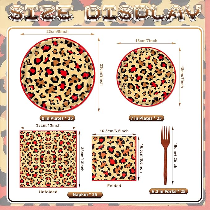 100 Pcs Leopard Print Tableware Party Supplies - Disposable Animal Print Dinnerware Set with Paper Plates,Napkins for Safari Theme,Jungle Birthday Party - Serves 25
