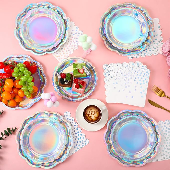 144 Pcs 48 Guests Iridescent Party Plates and Napkins Iridescent Disposable Rainbow Holographic Paper Plates and Napkins for Mermaid Bridal Shower Wedding Birthday Decorations Party Supplies