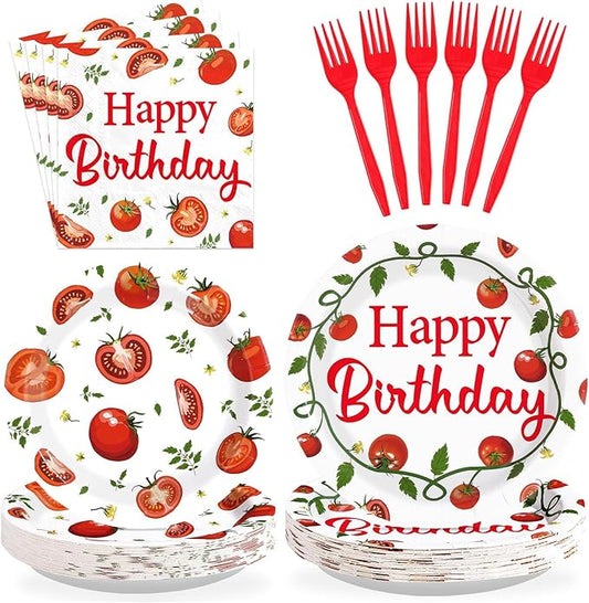 96Pcs Funny Tomato Birthday Party Decorations Red and Green Fresh Plates and Napkins Tomato Decor Tableware Favors for Baby Shower Boys Girls Happy Birthday Party Supplies Serves 24