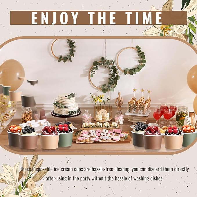 Jingmore Paper Ice Cream Cups 9oz Colored Disposable Dessert Bowls for Hot or Cold Party Food Cups for Birthday Baby Shower Easter Party Supplies(Woodland Color,60 Pcs)