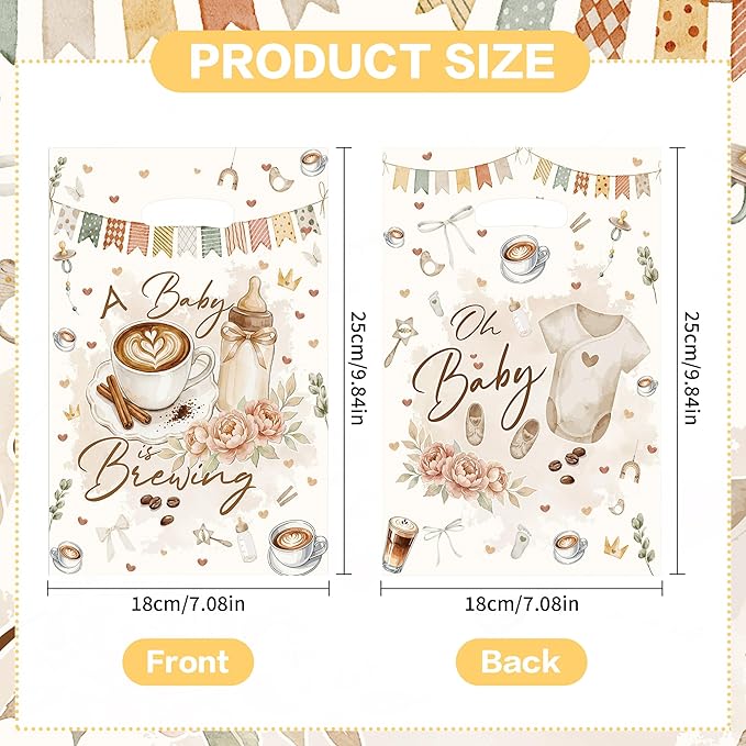 MOIZYNG A Baby is Brewing Baby Shower Decorations, 50Pcs Coffee Themed Baby Shower Plastic Snack Treat Goodie Gift Bags with Handles for Welcome Baby Gender Reveal Decor Supplies