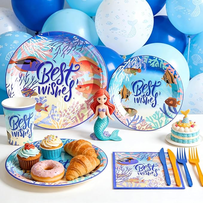 144Pcs Under the Sea Animal Birthday Party Supplies Decorations Paper Plates Napkins Vintage Party Tableware Disposable Tropical Ocean Dinnerware Set for Kids Birthday Baby Shower Table Decor Serve 24