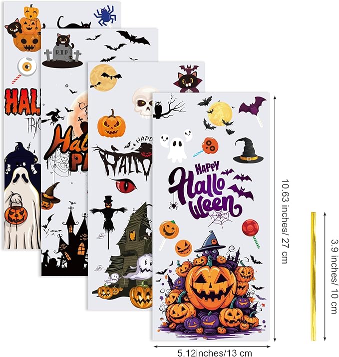 Aegero Halloween Cellophane Treat Bags, 200pcs Trick or Treat Goody Bags with 220pcs Twists for Snacks Cookies Packing, Party Supplies,Halloween 02