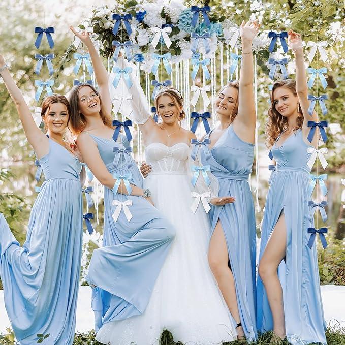 Taobary 8 Pcs 6.6 ft Bow Garland, Satin Ribbon Bow Banner Coquette Hanging Ornament for Photo Backdrop Birthday Party Wedding Bridal Baby Shower Wall Decorations(Blue,1 Inch)