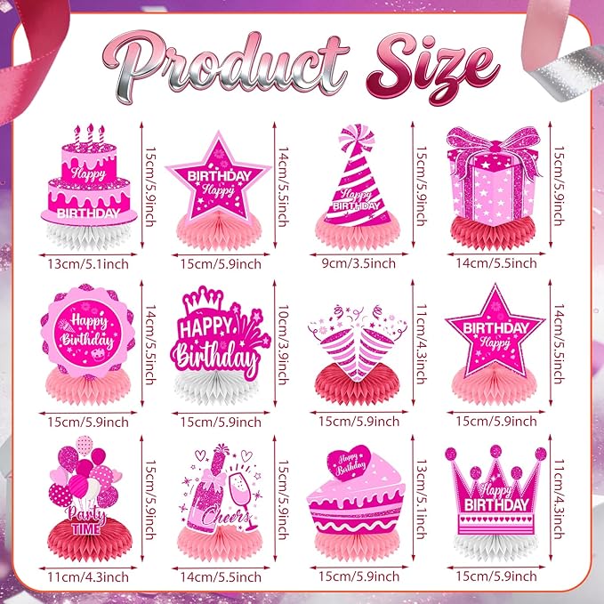 12Pcs Hot Pink Birthday Decorations Honeycomb Centerpieces for Women Girls, Hot Pink Happy Birthday Table Centerpieces for Kids Teens Adults Birthday Party Table Topper Sign Decor Supplies