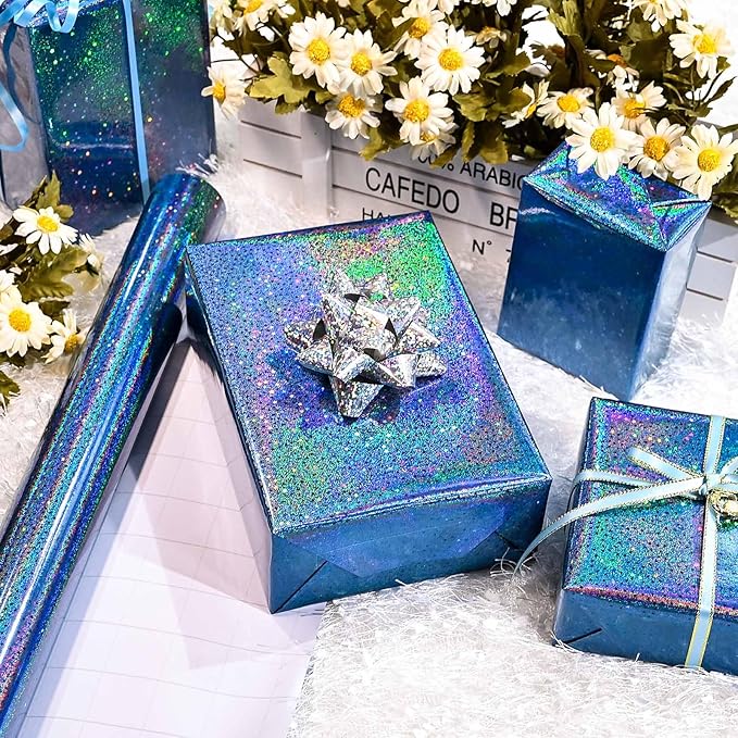 Burymento Blue Wrapping Paper Roll, Metallic Holographic Star Gift Wrap for Birthday, Valentines, Mothers day, Graduation, Wedding, Fathers day, Baby Shower, Christmas (17 IN x 32.8 FT)