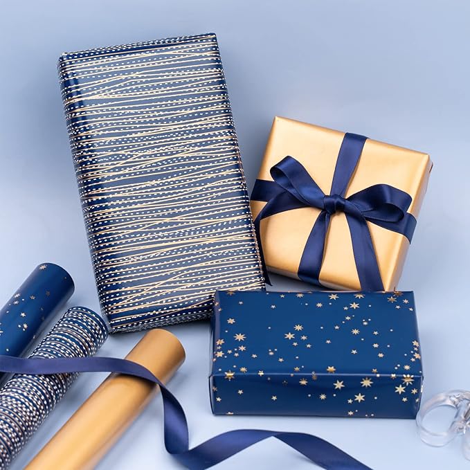 WRAPAHOLIC Wrapping Paper Roll - Mini Roll - 3 Rolls - 17 Inch X 120 Inch Per Roll - Navy and Gold Star/Stripe/Gold Pearlized Print for Birthday, Father's Day, Holiday, Party