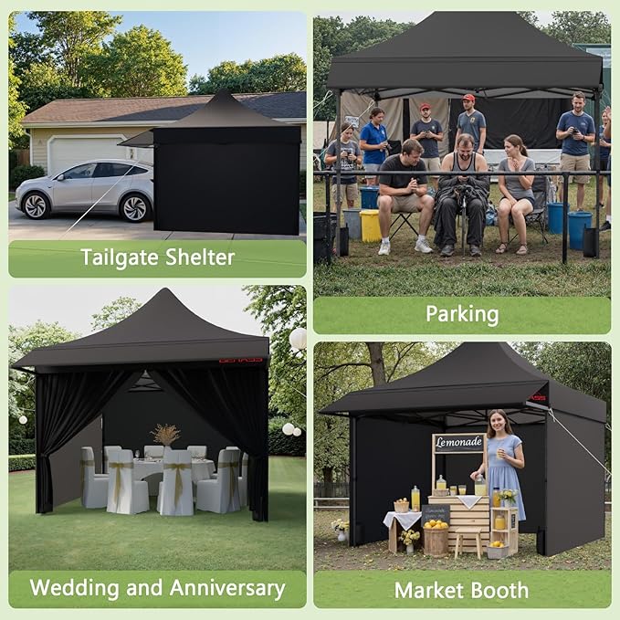 10x10 Pop Up Canopy Tent with Awning and Sidewalls, 550D Commercial Canopy, Waterproof Party Tent with Roller Bag, Black