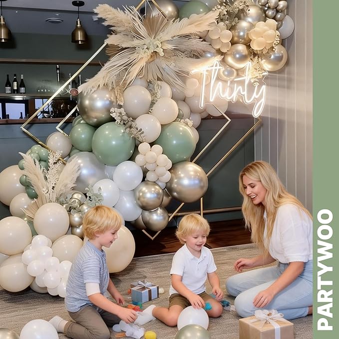 PartyWoo Sage Green Balloons 66pcs 12 Inch Metallic Gold Sand White Light Brown Gold Confetti Balloons for Baby Shower Wedding Engagement Jungle Woodland Forest Birthday Party Decorations