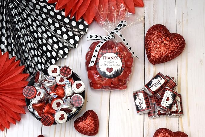 Amanda Creation Our Little Heartbreaker Red Black Buffalo Plaid Birthday Valentine Party Sticker Bundle 429 Pieces! Includes Circle Stickers, Mini Candy Bar Wrappers & Candy Kiss Stickers