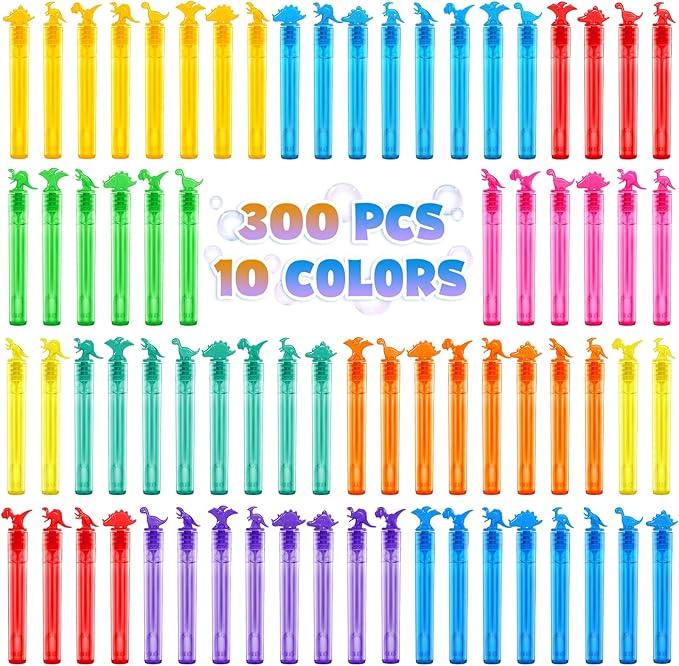 SpringFLower 300Pcs Dinosaur Mini Bubble Wands, Bubbles Party Favors for Kids, Birthday Party Favor Supplies, Goodie Bags, Carnival Prizes, Wedding, Outdoor & Indoor Activity for Girls Boys, 10 Colors