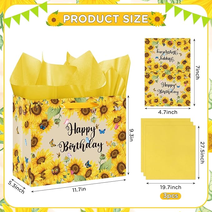 Sunflower Birthday Gift Bag for Girls Women Yellow Sunflower Paper Bag with Tissue Paper and Card Sun flower Birthday Wrapping Paper Bag for Bday Christmas Wedding Baby Bridal Shower Decorations