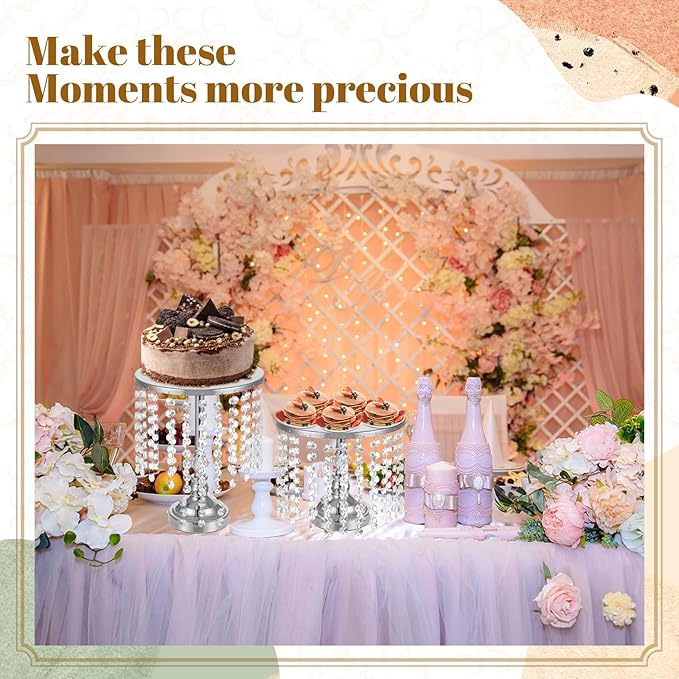 Bokon 6 Pcs Crystal Cake Stand Round Dessert Cupcake Holder Metal Stand Table Cake Pedestal with Crystal Pendant Wedding Bead Dessert Cupcake Pastry Display Plate for Wedding Birthday Party (Silver)