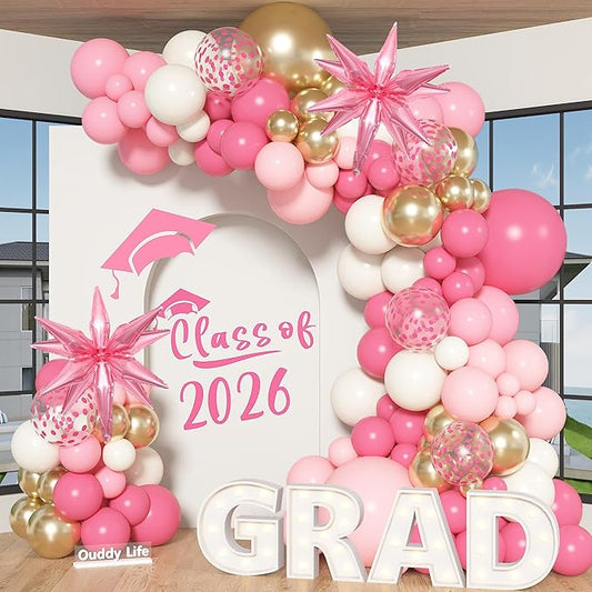 Ouddy Life 142pcs Pink Balloon Garland Arch Kit, Pink and Gold White Balloons with Graduation Decorations Class of 2026 Confetti Star Foil for College Birthday Congrats Grad Baby Shower Wedding Party
