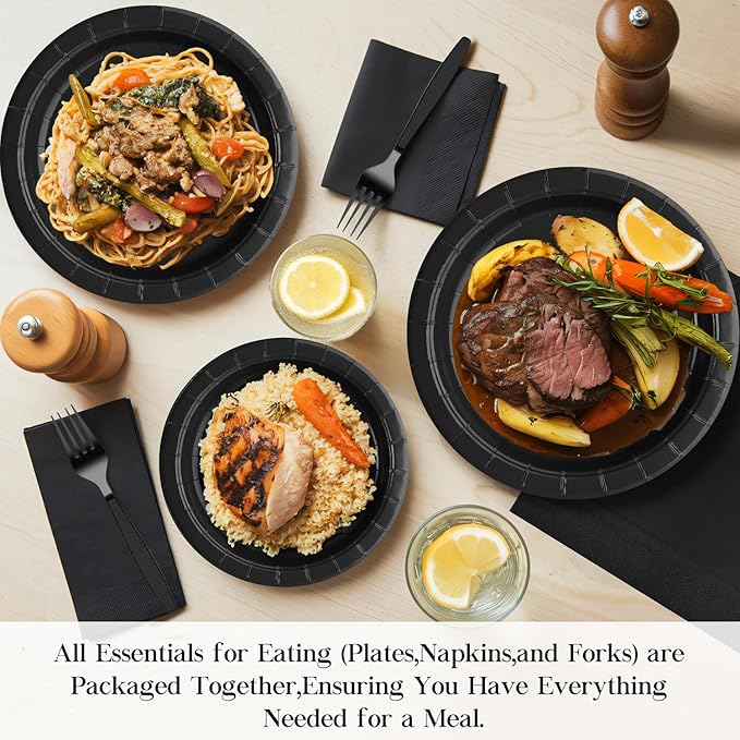 Black Paper Plates and Napkins Party Supplies-50 x 7''Dessert Plates & 50 x 5''Napkins & 50 x 7.3''Forks, Disposable Paper Tableware Set for Birthday, Retirement, Graduation, Father's Day