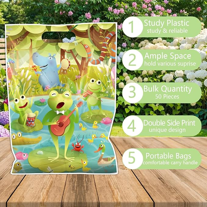 Falueqg Frog Party Favor Bags - 50 Pcs Green Frog Goodie Candy Gift Bags Summer Animal Theme Party Supplies for Birthday Baby Shower Decorations