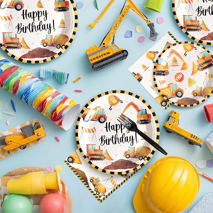 96Pcs Construction Birthday Party Supplies Construction Truck Paper Plates and Napkins and Cups Baby Shower Kids Birthday Party Decorations, Serves 24