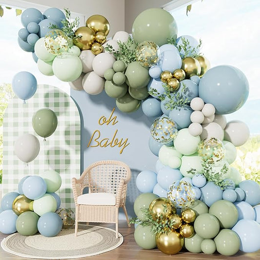 Dusty Blue Green Balloon Garland Arch Kit - Ash Mist Green Balloons Haze Fog Blue Balloons Sand White Gold Latex Balloon for Baby Shower Jungle Safari Woodland Birthday Party Decorations