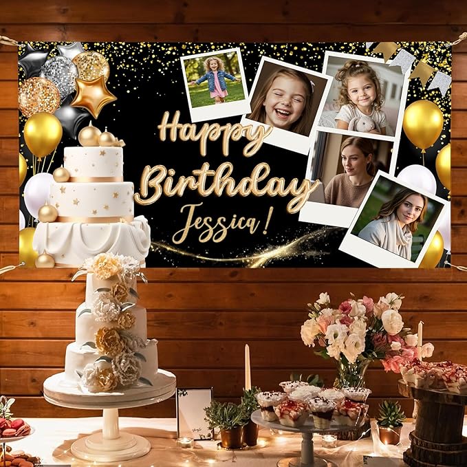 Customized Birthday Banner Personalized with Pictures and Name, Happy Birthday Party Decorations for Husband or Men, Unique Celebration Backdrop Banner for Event