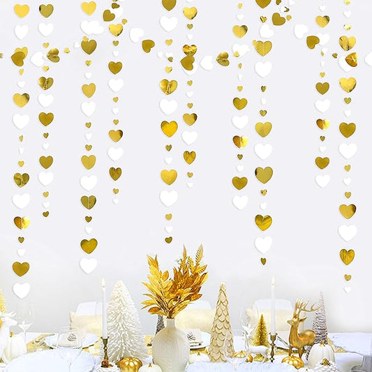 White Gold Heart Garland Hanging Paper Love Heart Streamer Banner for Baptism Engagement Anniversary Valentines Day Birthday Bachelorette Mothers Day Wedding Bridal Shower Party Decorations Supplies