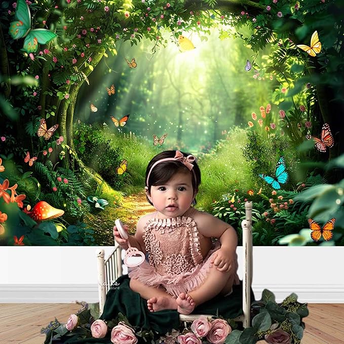 Mocsicka Enchanted Forest Banner Backdrop Fairy Magic Forest Party Decorations Banner Butterfly for Kids Girls Wonderland Background for Photography (Green, 82x60 inch)