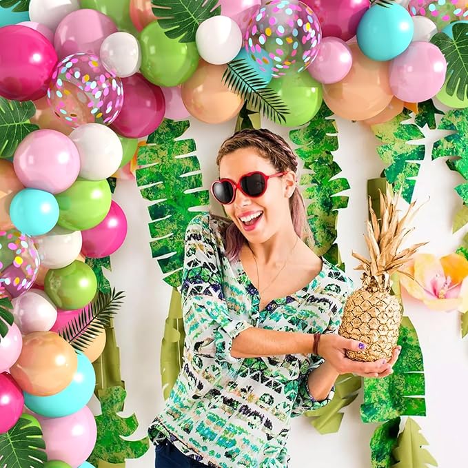 Amandir 151PCS Tropical Balloons Arch Garland Kit, Green Hot Pink Confetti Latex Balloons Palm Leaves for Tropical Hawaii Flamingo Birthday Baby Shower Wedding Party Decorations Supplies