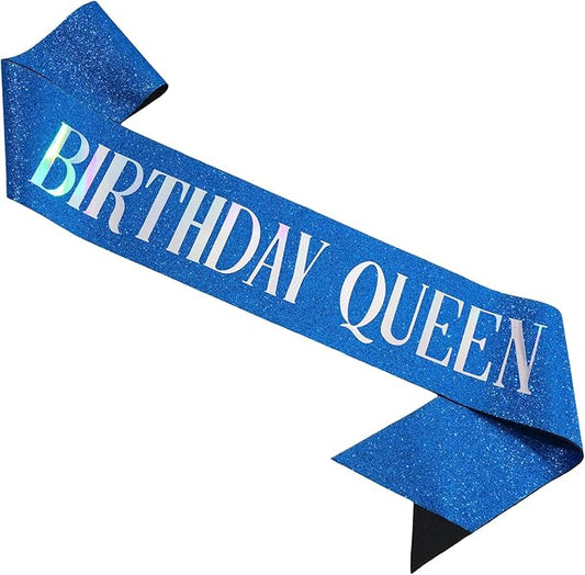 Birthday Queen Sash, Dazzle Foil Letter Glitter Royal Blue Birthday Sash for Women Girl 21st 30th 40th 50th 60th Gifts Funny Bday Gifts Party Favors Photo Prop