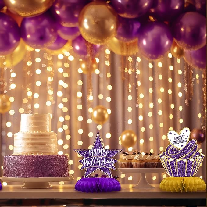 Purple and Gold Birthday Decorations – 12PCS Honeycomb Table Centerpieces for Women Adults – Happy Birthday Table Decor Party Supplies