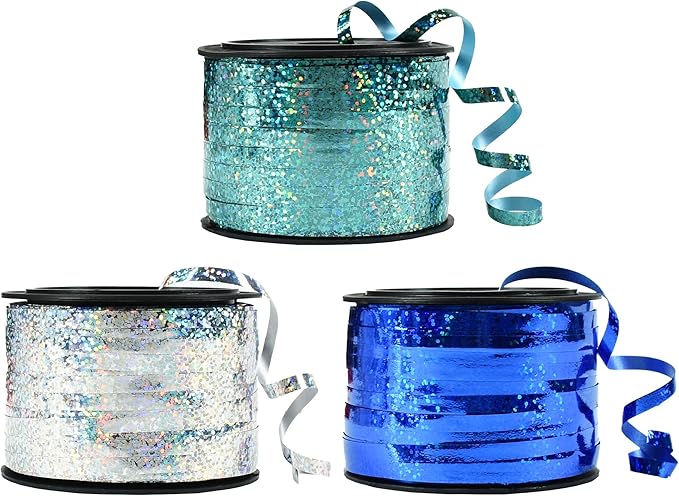 BEISHIDA Blue Blue Silver Curling Ribbons Balloon String Ribbons - 3 Pack 100 Yards for Gift Warppping Birthday Retirement Winter Frozen Party Winter Christmas Party Decorations
